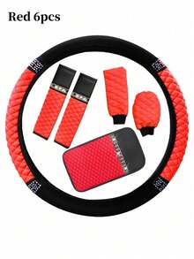 5 件套闪亮汽车方向盘套、手刹套、换档旋钮套、肩垫、15 英寸水钻软皮弹性方向盘保护套、适合女性女孩的闪亮水晶钻石、适合大多数汽车的汽车内饰配件、1 件皮革钻石镶嵌汽车方向盘套 - 款式A - 查看 6