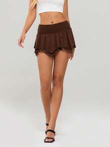 Minifalda de mujer, falda de talle bajo plisada irregular lisa de verano, ropa de club para fiestas - marrón café - Ver 3