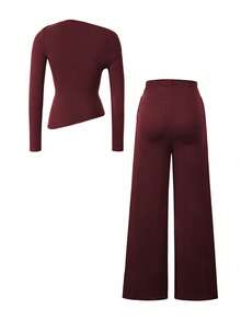 Set elegant pentru femei Vaiaye, top scurt cu mânecă lungă, culoare solidă, asortat cu pantaloni evazați casual, potrivit pentru ținute casual zilnice, ideal pentru femei de Crăciun, ziua de naștere, Anul Nou și alte ocazii