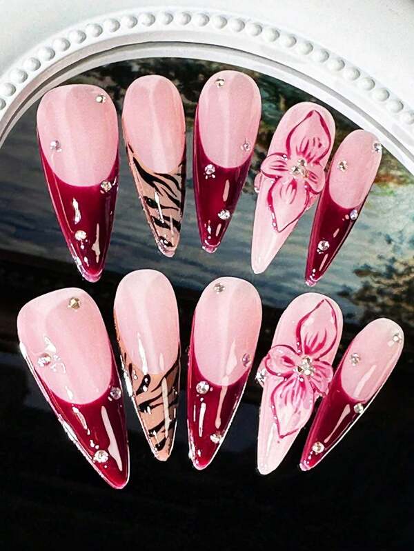 Handmade Nails 3D Studs Burgundy Red Nails Animal Print Glittering Stiletto Heels Long Press Nails 10 Pieces Ladies Girls Fake Nails For Everyday Wear
