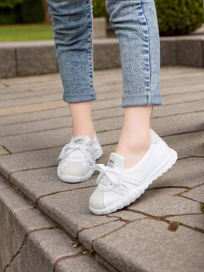 1 par de zapatos deportivos planos con cordones de colores para niños y niñas, de puntera redonda, para correr, adecuados para primavera y otoño