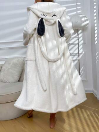 Women's Autumn/Winter Fluffy Bathrobe, Double-Sided Fleece Fluffy Bathrobe With Rabbit Ear Design, Ladies Sleepwear Casual Loungewear Set, Suitable For Outdoor Wear, Fall, Cozy Outfit