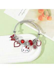 Sanrio Juego de 1 pieza, un lindo brazalete con colgante de estilo Hello Kitty con colgante de aleación y decoración roja, adecuado para uso diario y regalo - accesorios de joyería con temática de anime de moda sin chapado, adecuado para todas las estaciones.