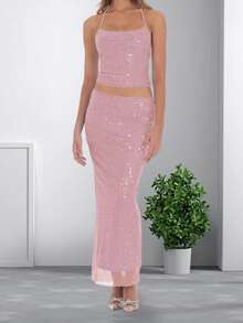 Women Sequin 2 Piece Set Tie-Up Halter Neck Open Back Crop Tops Low Rise Long Bodycon Skirt For Party Club - Hồng - Xem 6