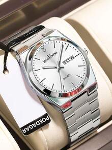 1 件男士石英不锈钢表带手表，带双日历和夜光表盘，商务休闲 - A - 查看 5