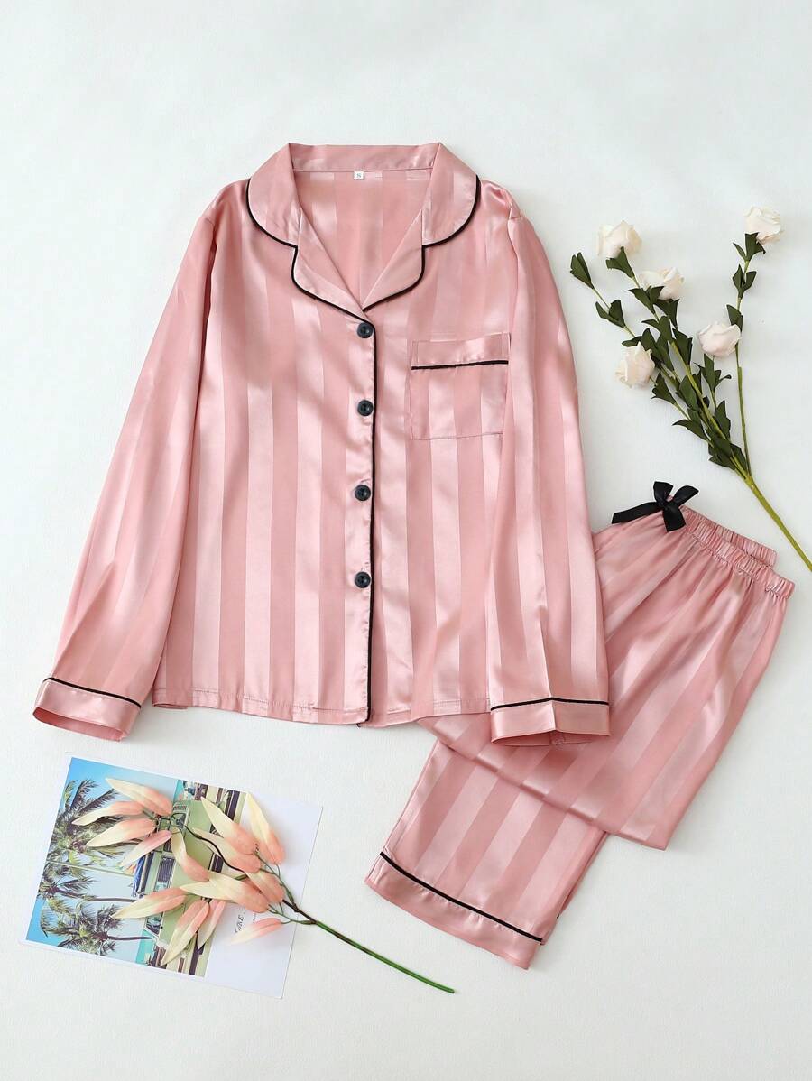 条纹提花女士长袖上衣和长裤睡衣套装，秋冬服装