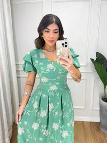 Midi Dress Fabric Tulle Embroidered Lining Princess Sleeve Floral Leaf Cut And Sew Fabric Layered Buttons On Front Pleated Women's Long Dress Striped Formal And Evening Spring/Summer - 綠色 - 查看 2