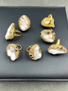 1pc Natural Baroque Freshwater Pearl & Beryl Gemstone Adjustable Ring, Fashionable Personalized Luxury Rhinestone Jewelry