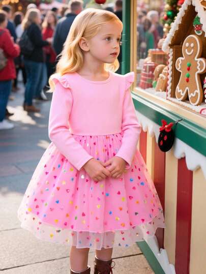 Kleine Mädchen Bunter Polka Punkt Mesh Trompetenärmel Rundhals Prinzessin Kleid, geeignet für Party, Outdoor, Alltag, Urlaub, Geschenk