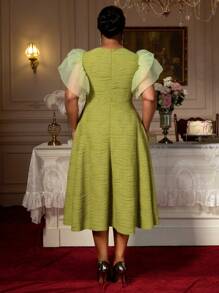 Plus Size Wavy Knitted Fabric Asymmetrical Collar A-Line Swing Dress Mesh Ruffle Short Sleeve Party Dresses For Woman