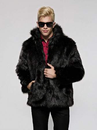 1 pieza Chaqueta de piel sintética para hombre, unicolor minimalista, textura esponjosa Thick, clásica y elegante, moda casual, ajuste holgado, soporte collar con bolsillos, adecuada para vacaciones, vacaciones y viajes, al aire libre, hogar, uso callejero, otoño/invierno