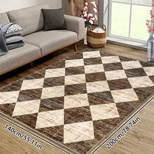 1PC Brown And White Diamond Patchwork Living Room Area Rug Comfortable And Soft Surface 100% Polyester Waterproof And Stain-Resistant Silicone Back For Non-Slip And Non-Shifting Suitable For Living Room Large Size Bedroom Home Decoration Household Items Door Outdoor Rug Mat Multiple Sizes Available Machine Washable And Easy To Care For Pet And Child Friendly Kitchen Rug