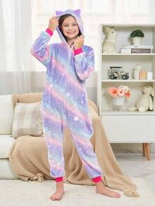Tween Girl Purple Starry Sky Cat Ear One-Piece Loungewear - Multicolor - View 7