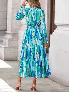 Women's Spring And Fall Clothes Floral Maxi Dress Fall Long Sleeve V Neck Casual A Line Long Flowy Boho Party Valentine Vacation Dresses - 藍綠色印花 - 查看 2