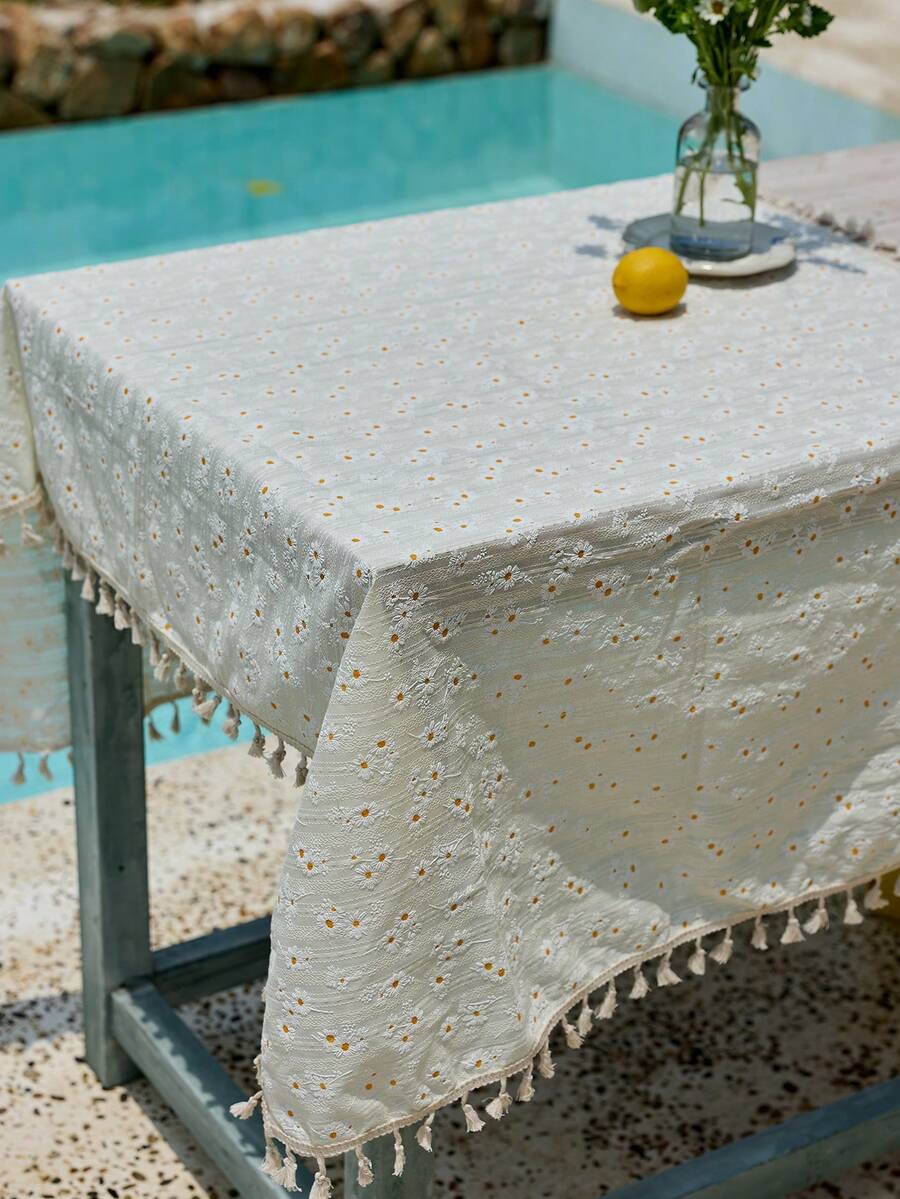 Cirelle 1pc Square Tassel Tablecloth, Fresh Pastoral Style Table Decoration With Daisy Pattern And Tassel Trim, Suitable For Picnic, Party, Room, Kitchen, Home Decor, New Year, Thanksgiving Day, Christmas Party, Rama Kitchen Essentials, Family Dining, High-End Restaurants Supplies, Housewarming Gift, Summer Home Decor - Light Yellow - View 1