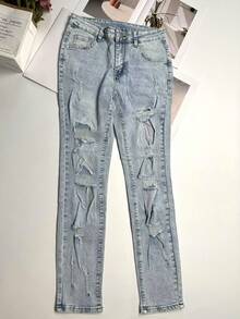 女式秋季低腰破洞休闲紧身裤 - 藍色 - 查看 3