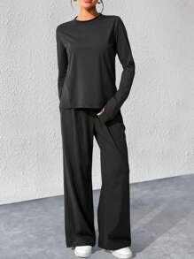2pcs Women Long Sleeve Round Neck T-Shirt Top & Loose Comfortable Casual Pants Set - Black - View 6