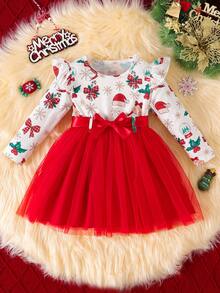 Baby Girls Christmas Snowman Snowflake Sock Printed Patchwork Mesh Ruffle Hem Dress With Sash - Red - View 3