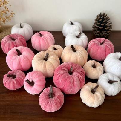 16pcs Pumpkin Decor, Pink Halloween Decor, Fall Artificial Pumpkins Decor, Faux Velvet Foam Fabric Pumpkins Decoration For Halloween Decor, Fall Home Decor, Farmhouse Harvest Thanksgiving Decoration Room Decor Christmas Decorations Home Christmas Gifts Christmas Decor