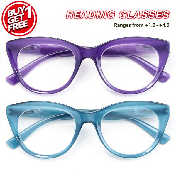 2pcs Large Frame Cat Eye Reading Glasses, Minimalist Solid Color, With Comfortable Spring Hinges, New Versatile Daily Reading Glasses For Men And Women