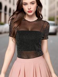 Women's Mesh Rhinestone Sheer Short Sleeve Top - Sparkly See-Through Blouse, Stretchy Layering Shirt For All Seasons Lounge Sets For Women - màu đen - Xem 1