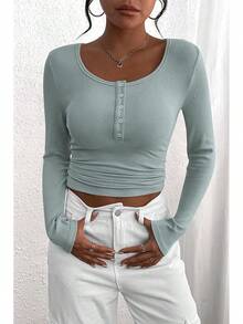 Women's 2026 Fall Long Sleeve Henley T Shirts Button Ribbed Knit Slim Fit Basic Tops Blouse Casual Outfits/Vacation Outfits Women/Valentine Outfits For Women - 湖藍色 - 查看 1