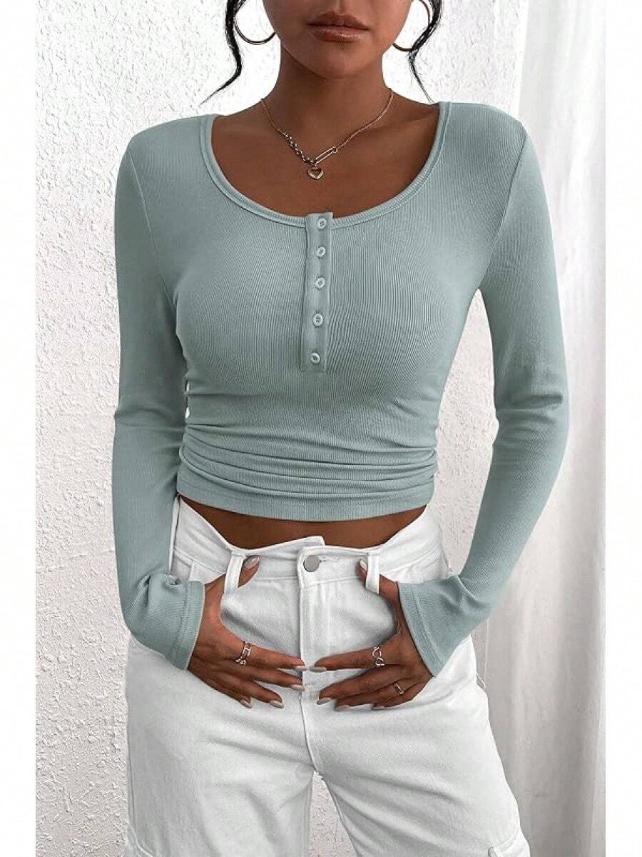 Women's 2026 Fall Long Sleeve Henley T Shirts Button Ribbed Knit Slim Fit Basic Tops Blouse Casual Outfits/Vacation Outfits Women/Valentine Outfits For Women - 湖藍色 - 查看 1