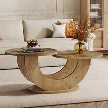 LITTLE TREE Round Living Room Coffee Table, 2-Tier Farmhouse Coffee Table With U-Shaped Frame, Low Accent Center Cocktail Table For Home, Apartment(Natural) - 自然的 - 查看 2