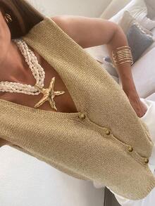 Women's Cute Casual Sparkly Buttons Knitted Sweater Vest Pullover Fashion Top Vacation Summer Autumn Outfits Clothes New Year