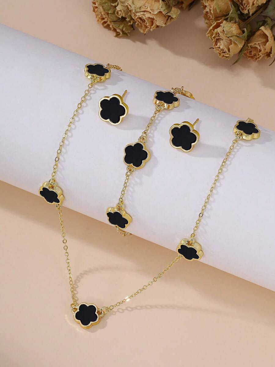 4pcs/Set Luxury Elegant 5-Petal Flower Micro-Inlaid Zirconia Copper Necklace, Bracelet, Earrings For Women, Daily, Date, Engagement, Wedding, Valentine's Day Gift - Black - View 1