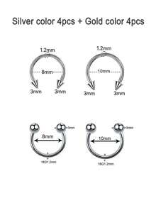 4/8/16 件不锈钢鼻中隔环，带替换螺纹球，马蹄形环，耳屏耳环，眉唇环，身体穿孔饰品 - 銀色 - 查看 14