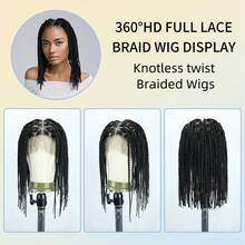 باروكة ضفيرة كاملة الدانتيل بتقنية بدون عقدة، باروكة ضفيرة كاملة الدانتيل مع شعر طفل، باروكة ضفيرة كروشيه يدوية اصطناعية بطول 14 بوصة باللون الأسود الطبيعي للاستخدام اليومي وحفلات الأعياد - الأسود - مشاهدة 8