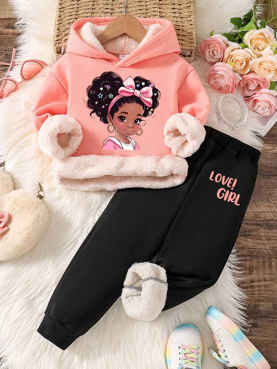 Toddler Cartoon Print Warm Hoodie And Sweatpants Set - Pink - View 1