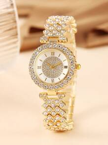 6pcs Set Rhinestone Gold Bangle & Quartz Watch Set, Chain Bracelet Watch For Women, Personalized Luxury Gift - Gold - View 3