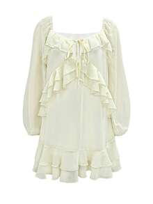 IGKEEL Solid Color Bohemian Style Chiffon Twist Ruffle Hem Long Sleeve Dress, Autumn/Winter - Apricot - View 11