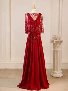 雪纺 V 领无袖连衣裙配蕾丝披肩，圣诞晚礼服配免费披肩 - 紅色 - 查看 1