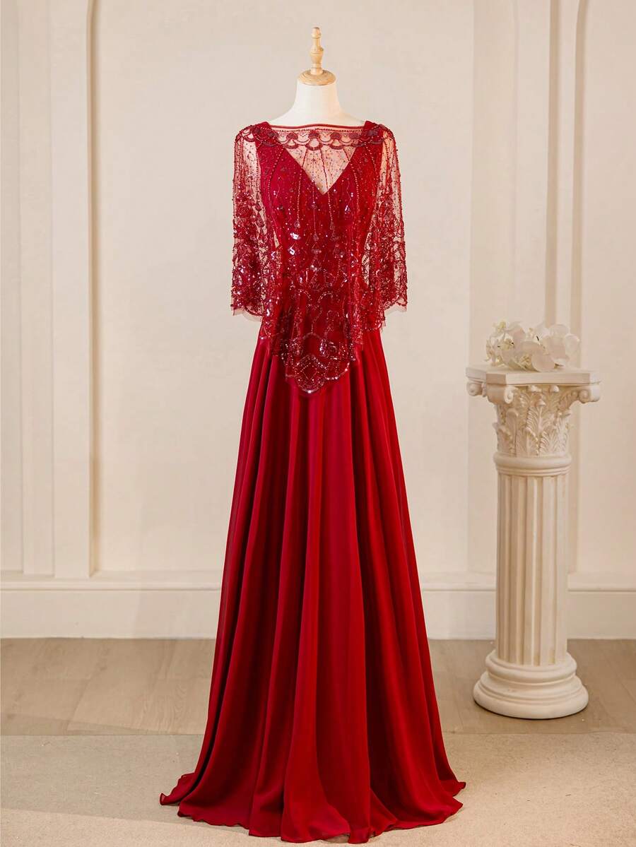 雪纺 V 领无袖连衣裙配蕾丝披肩，圣诞晚礼服配免费披肩 - 紅色 - 查看 1