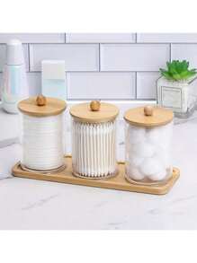 3 件塑料透明圆形清洁棉签收纳盒带托盘，现代便携式桌面收纳盒，可堆叠设计，防尘防水，多用途，用于化妆刷收纳、珠宝整理，非常适合[美容爱好者、旅行者、家庭整理者，可作为圣诞礼物、新年家居装饰，大容量，适合假日海滩、浴室、卧室收藏