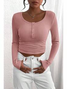 Women's 2026 Fall Long Sleeve Henley T Shirts Button Ribbed Knit Slim Fit Basic Tops Blouse Casual Outfits/Vacation Outfits Women/Valentine Outfits For Women - 藕粉色 - 查看 3