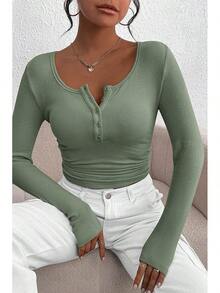 Women's 2026 Fall Long Sleeve Henley T Shirts Button Ribbed Knit Slim Fit Basic Tops Blouse Casual Outfits/Vacation Outfits Women/Valentine Outfits For Women - Cây xô thơm xanh - Xem 6
