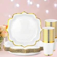 10/20/40pcs,White Scalloped Paper Plates,Cups And Napkins With Gold Border 9 Inch Disposable Plates ,7 Inch Disposable Plates And Napkins.Decorative Scalloped Plates Cake Paper Dessert Plates For Birthday Wedding Shower Party Supplies(White) - Multicolor - View 8