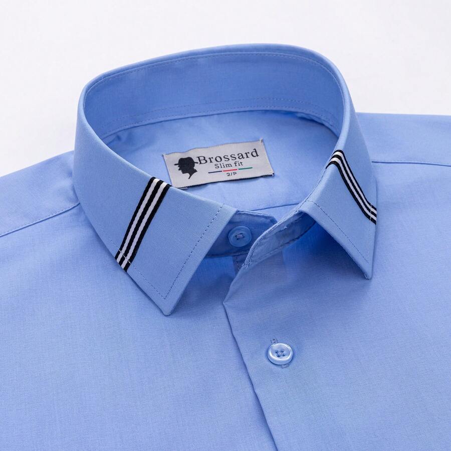 [Tedelon]56% Polyester 40% Cotton 4% Spandex ,Slim Fit Dress Shirt - White Formal/Casual Shirt With Contrast Collar & Cuff Details, Breathable Cotton Blend For Business, Daily Wear - 淺藍 - 查看 1