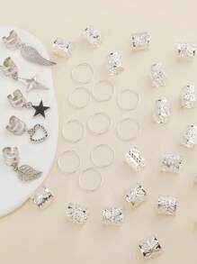 35件套银色多元素造型脏辫发饰，女士发饰，适合舞蹈、派对、音乐节等场合，包括发爪、发夹、发卡、发卡等。 - 銀色 - 查看 2