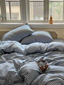 Bộ chăn ga gối đệm thoải mái, vỏ chăn kẻ caro xanh tím, 3 món (1 vỏ chăn + 2 vỏ gối, không ruột), họa tiết kẻ caro tối giản, 100% polyester, vải gạc đôi, có khóa kéo và dây buộc góc, phù hợp cho mọi mùa - Màu xanh lam - Xem 9