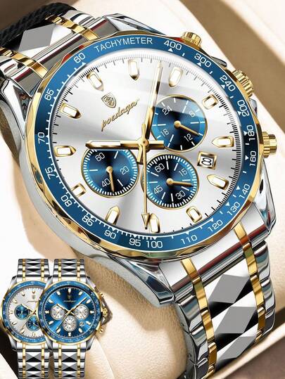 POEDAGAR 1件男士休闲商务蓝色不锈钢石英计时日期腕表，时尚防水夜光腕表，适合日常佩戴，男士完美礼物