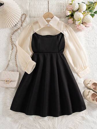 Girls' Casual Mesh Patchwork Hollow Out Long Sleeve Knee-Length Dress, Fashionable Everyday Wear, Spring/Autumn