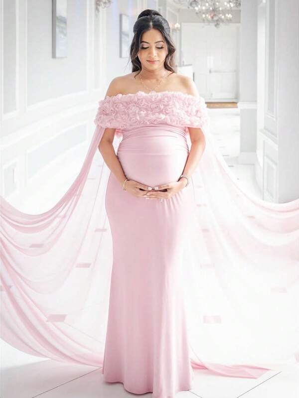 JustVH Maternity Floral Off-Shoulder Dress For Baby Shower, Mesh Cloak Maxi Women Outfit Photoshoot Prop