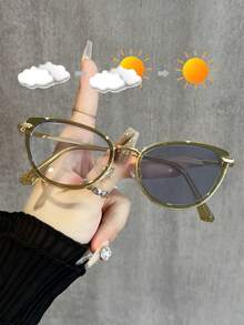 1pc Metal Cat-Eye Hollow Frame Ultra-Light Decoration Mirror, Multi-Purpose Indoor Computer Mirror & Outdoor Photochromic Fashion Glasses For Summer Beach Vacation,Outdoor,Travel - Transparent to Black - View 7