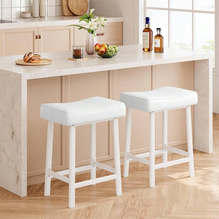 Juego de 2 taburetes de bar con asiento tapizado en PU, taburetes de cocina, taburete moderno de 61 cm sin respaldo, altura de mostrador para isla de cocina. - Blanco - Ver 1