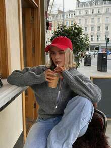 Nuevo cárdigan de solapa de unicolor simple Senya de estilo corto con doble cremallera y manga larga para mujer, estilo casual - Gris - Ver 2